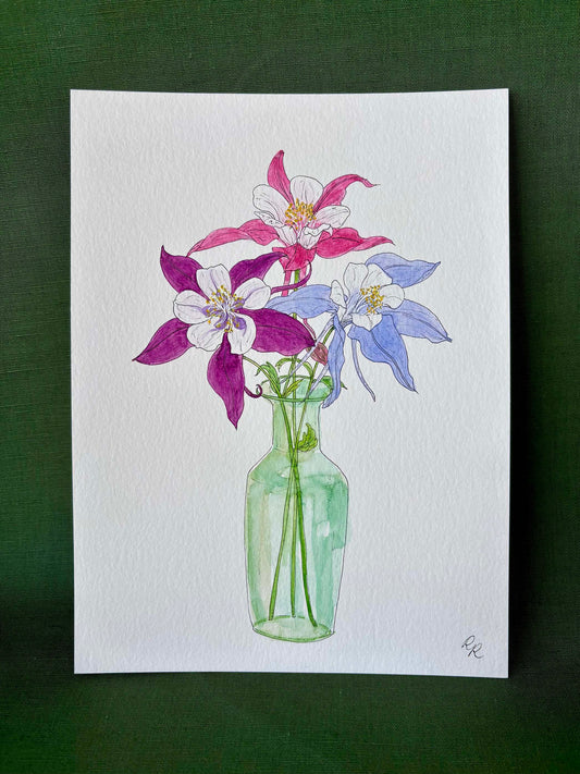 A watercolor painting of columbine flowers in a green glass vase on a white sheet of paper