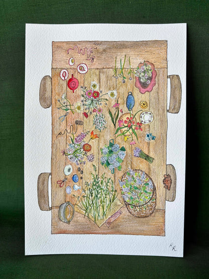 A colorful hand-drawn illustration of a wooden table covered with flowers, herbs, and small decorative objects